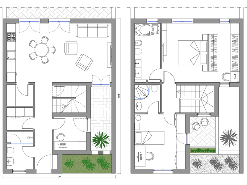 Casa a schiera 55 dwg. Due livelli in scala 1:100
