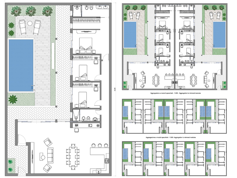 Case a schiera 56 dwg. Piante in scala 1:100