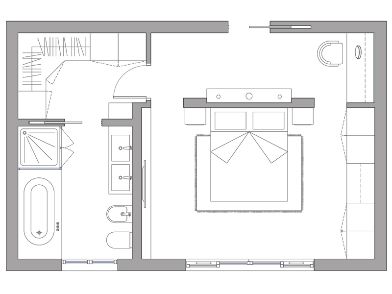Camera da letto con bagno interno e armadiature. Pianta dwg in scala 1:100