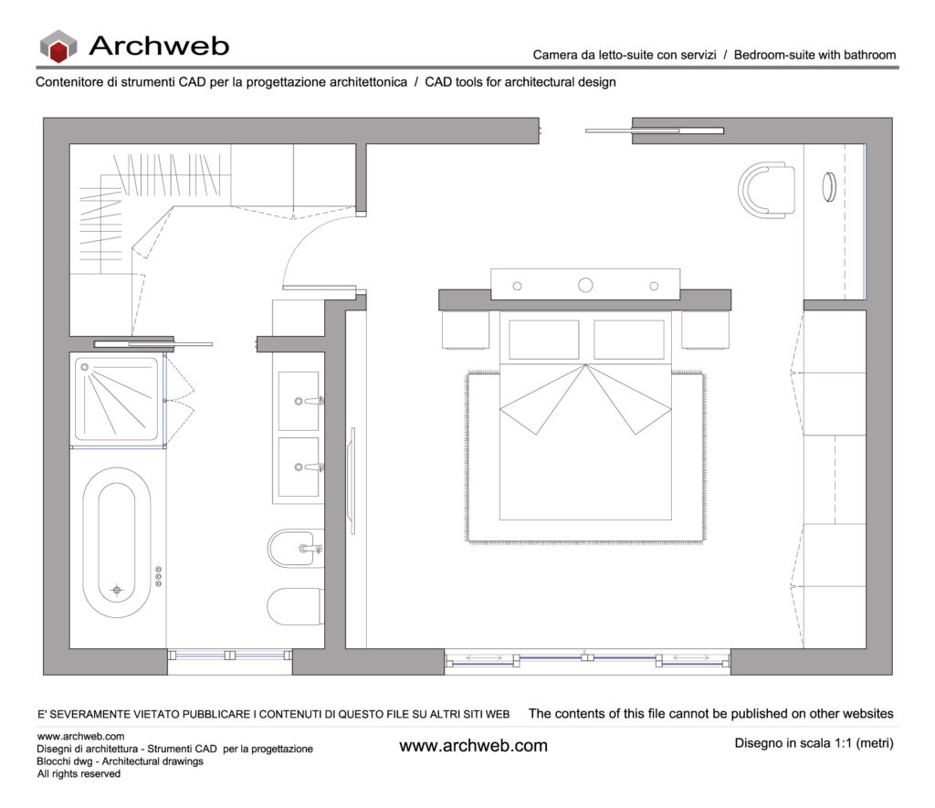 Camera da letto con bagno interno e armadiature. Pianta dwg in scala 1:100
