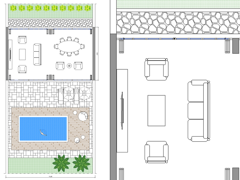 Serra bioclimatica con piscina e solarium. Dwg in scala 1:100
