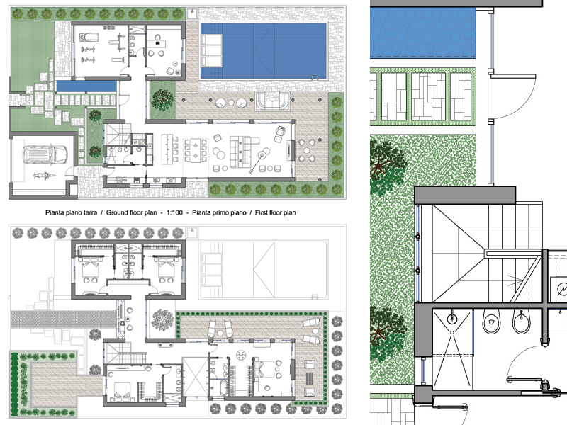Villa con piscina 03 dwg. Pianta in scala 1:100