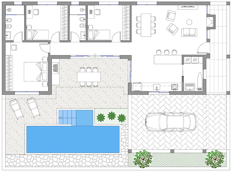Villa con piscina 05. Pianta dwg in scala 1:100