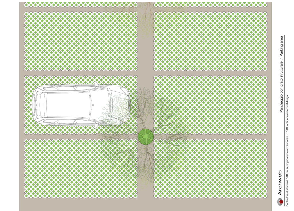 Parcheggio con prato strutturale. Dwg in scala 1:100