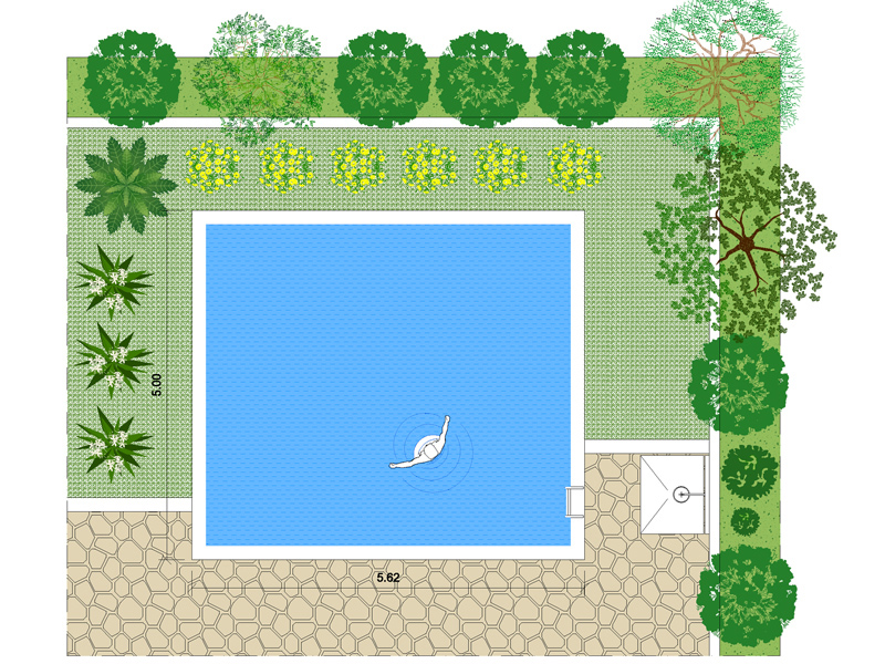 Schema progettuale per un giardino con piscina.