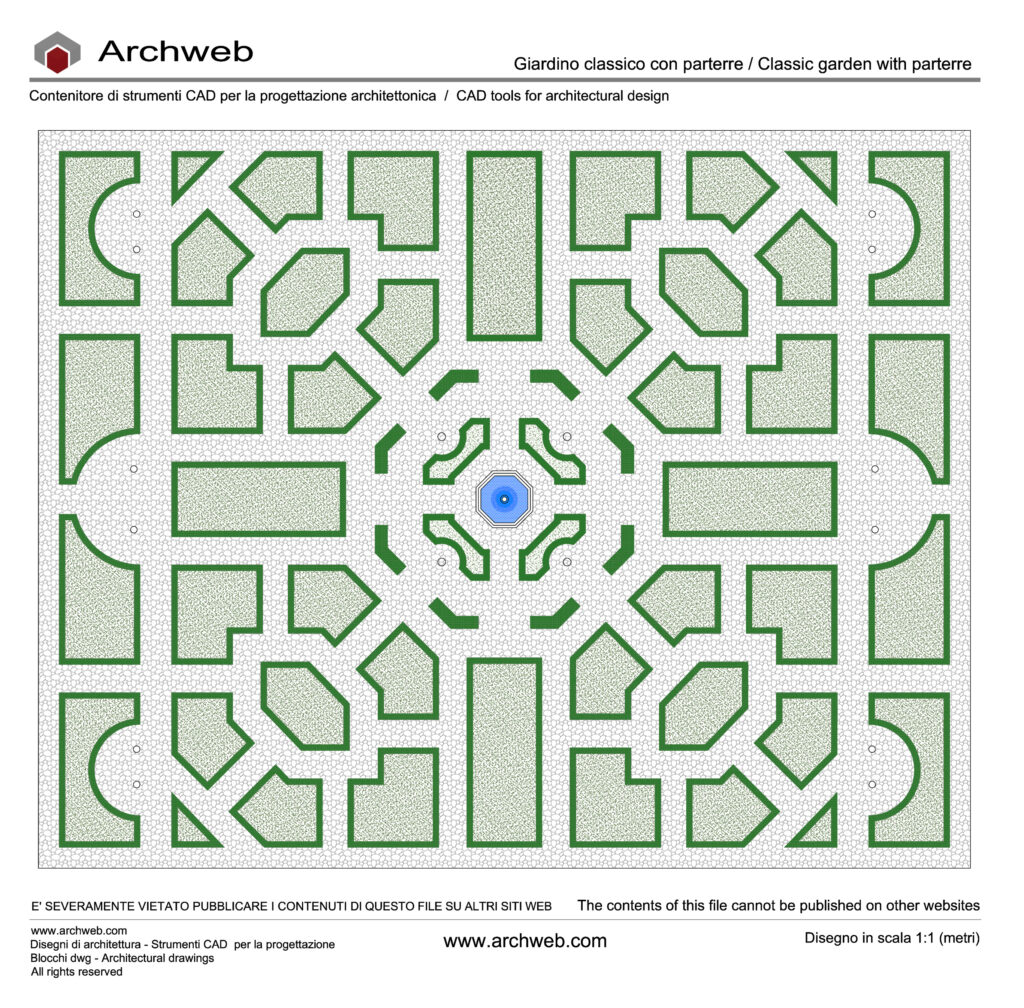 Schema di giardino formale con parterre geometrici