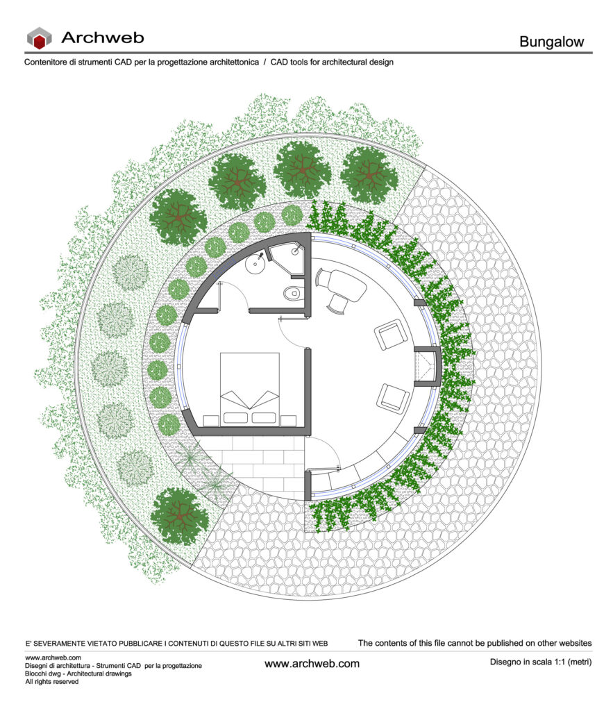 Schema progettuale per un piccolo bungalow a pianta circolare, immerso in un contesto verde.