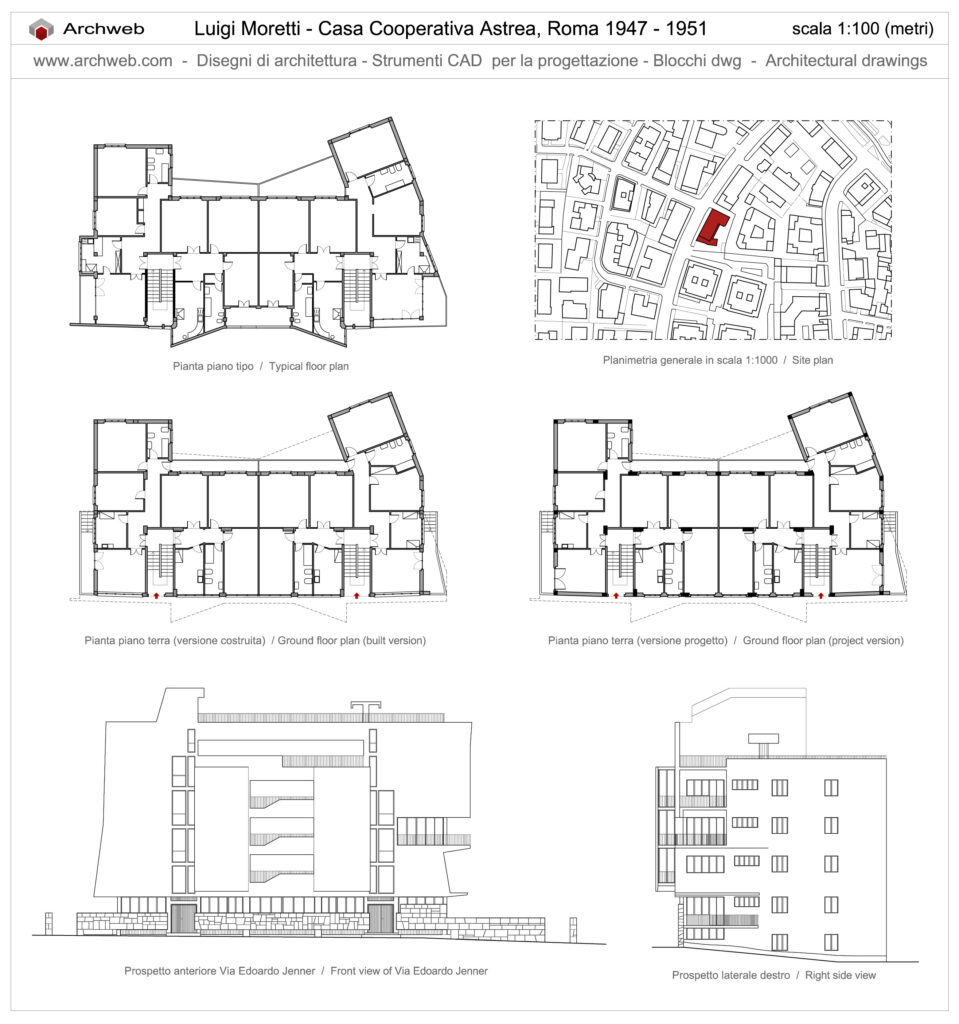 Casa Cooperativa Astrea di Luigi Moretti. Disegni dwg in scala 1:100