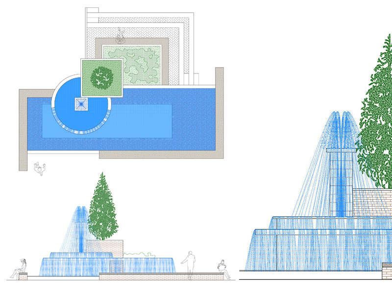 Fontana urbana 11 dwg. Schema progettuale per una fontana urbana con integrazione di acqua, verde e spazi con sedute per la sosta e il relax.