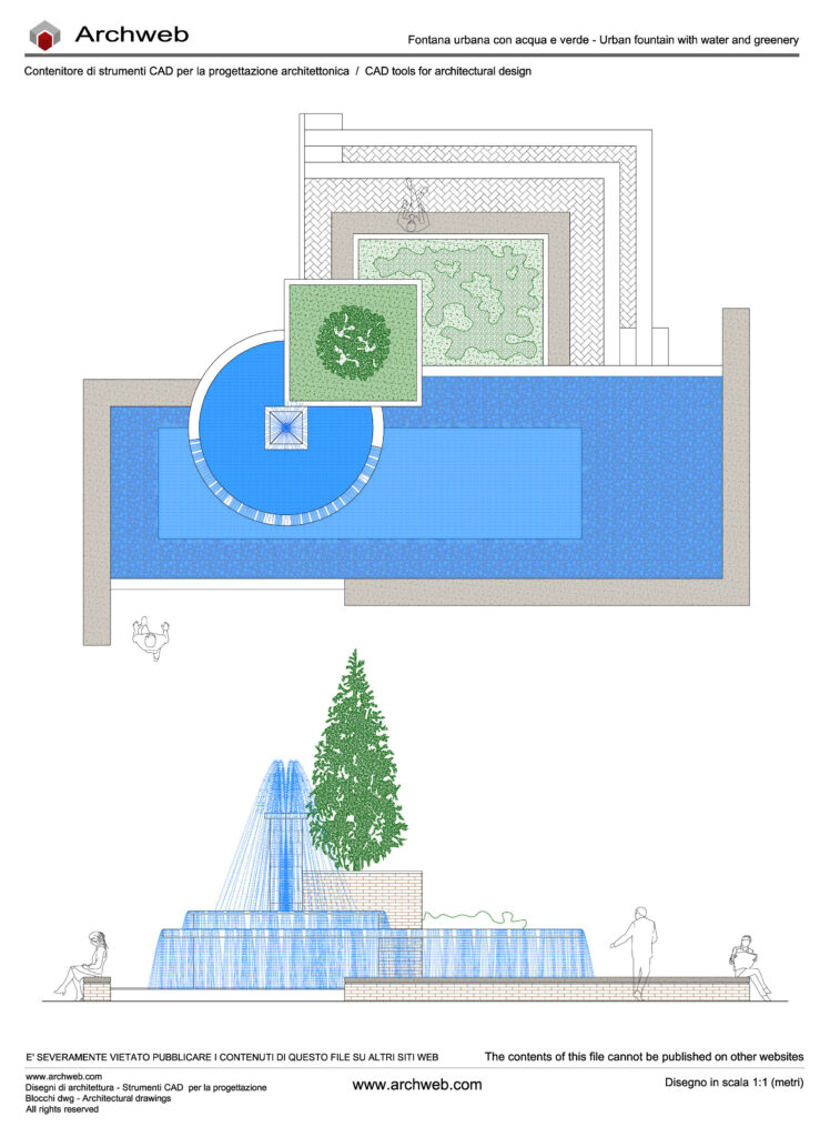 Fontana urbana 11 dwg. Schema progettuale per una fontana urbana con integrazione di acqua, verde e spazi con sedute per la sosta e il relax.