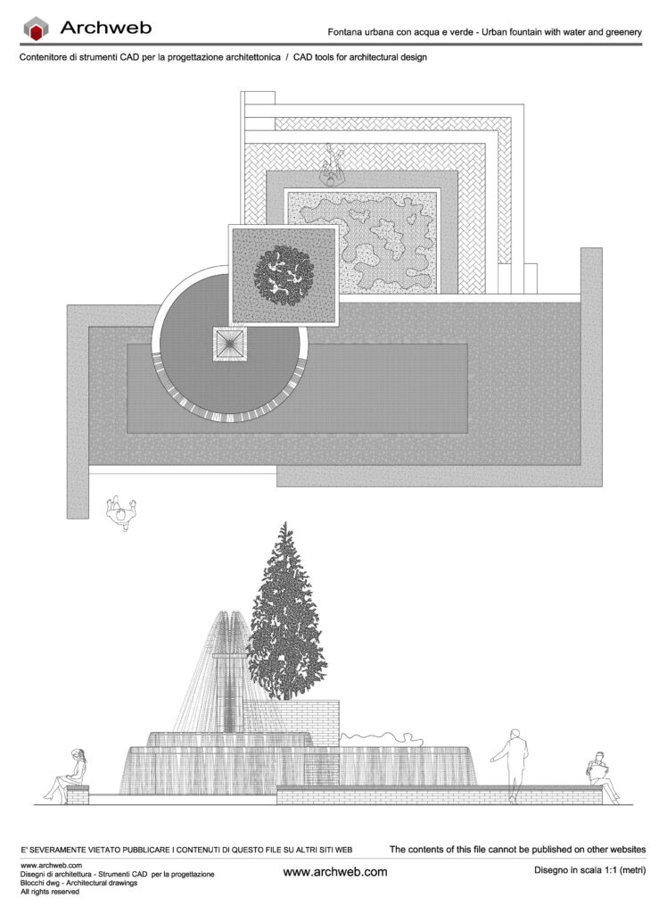 Fontana urbana 11 dwg. Schema progettuale per una fontana urbana con integrazione di acqua, verde e spazi con sedute per la sosta e il relax.