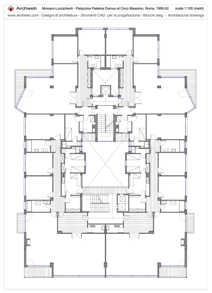 Palazzina Palatina Domus in via del Circo Massimo a Roma. Disegni in scala 1:100. Progetto dello studio Monaco-Luccichenti